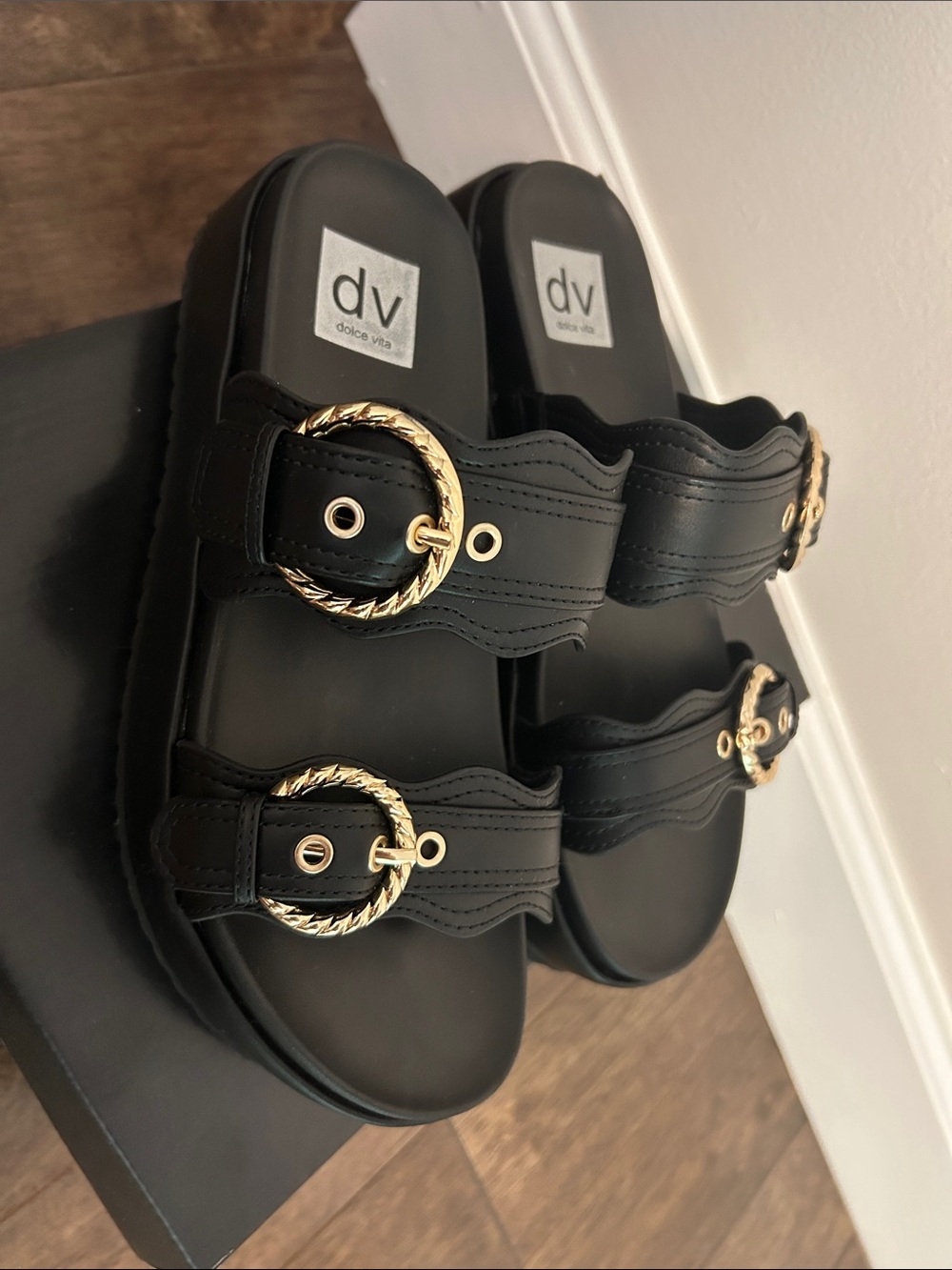 Dolce Vita Black Platform Slide Sandals with Gold Rope Buckles
